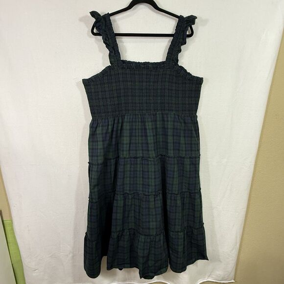 NEW Plus Size J.Crew Green Tartan Plaid Smocked Tiered Poplin Midi Dress Size 3X - Picture 2 of 11